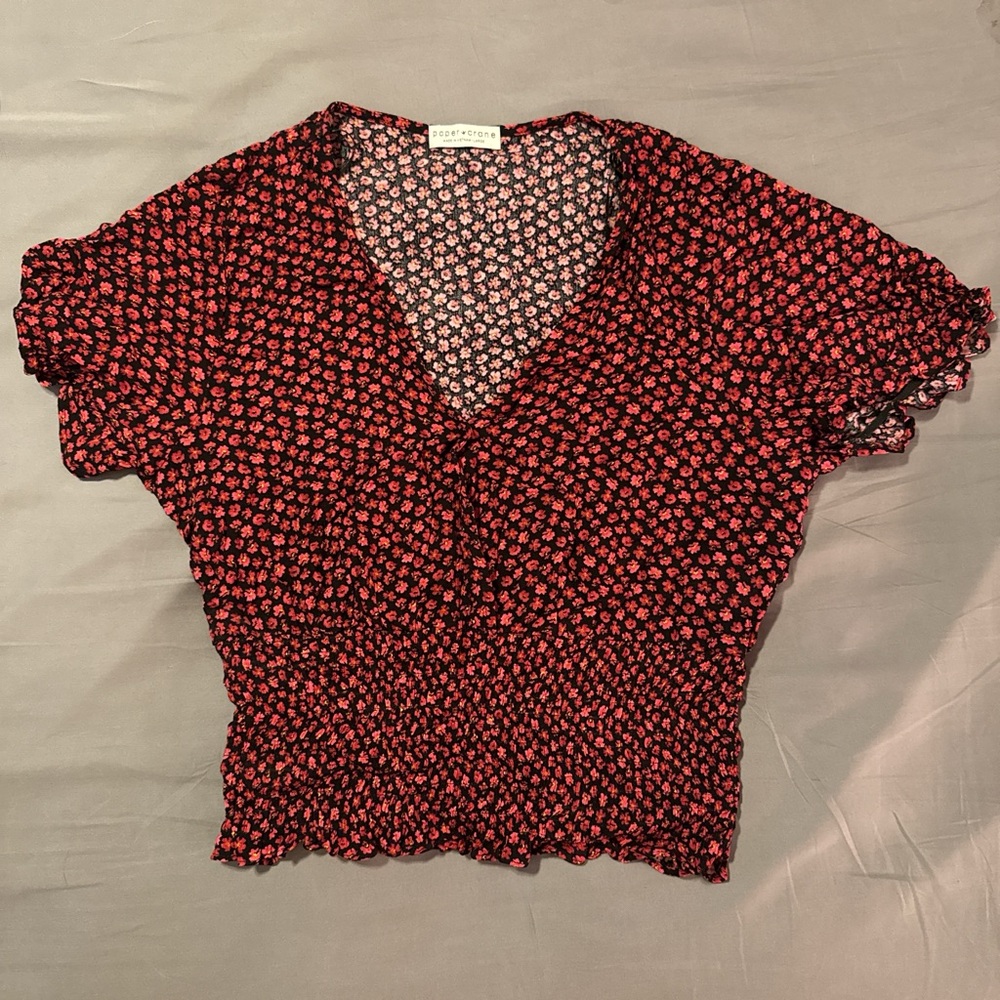 Paper Crane Red Puff Sleeve Crop Top